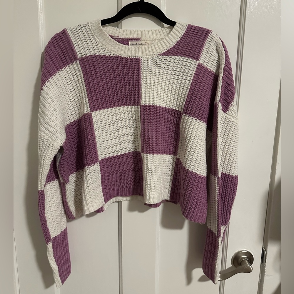 Purple and White Checkered Sweater